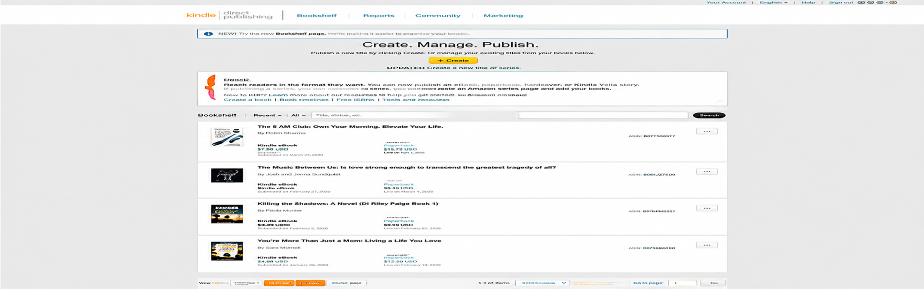 Amazon KDP account dashboard for self-publishing authors