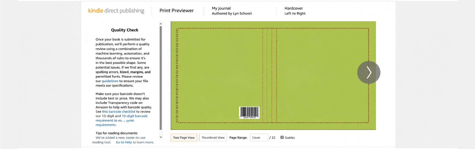 KDP Print Previewer checking a paperback before publishing